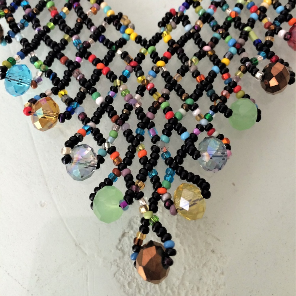 Czech Glass Bead Black Multi-Color "V" NECKLACE - Picture 3 of 3